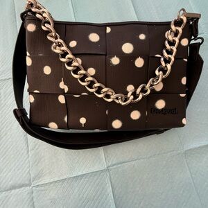 Desigual Black and White Polka Dot Woven Shoulder Bag with Chain